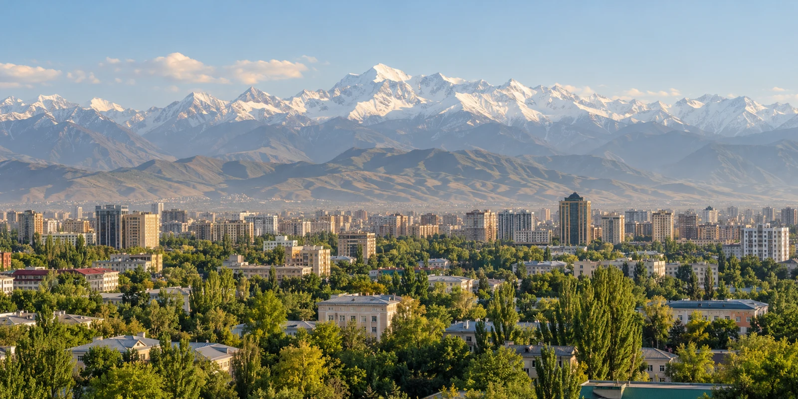 Панорама города и гор Тянь-Шаня